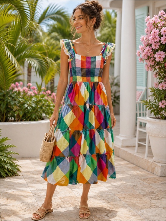 crown & ivy Dresses & Skirts - Crown & Ivy Colorful Geometric Smocked Midi Dress XS Flutter Sleeve Cotton